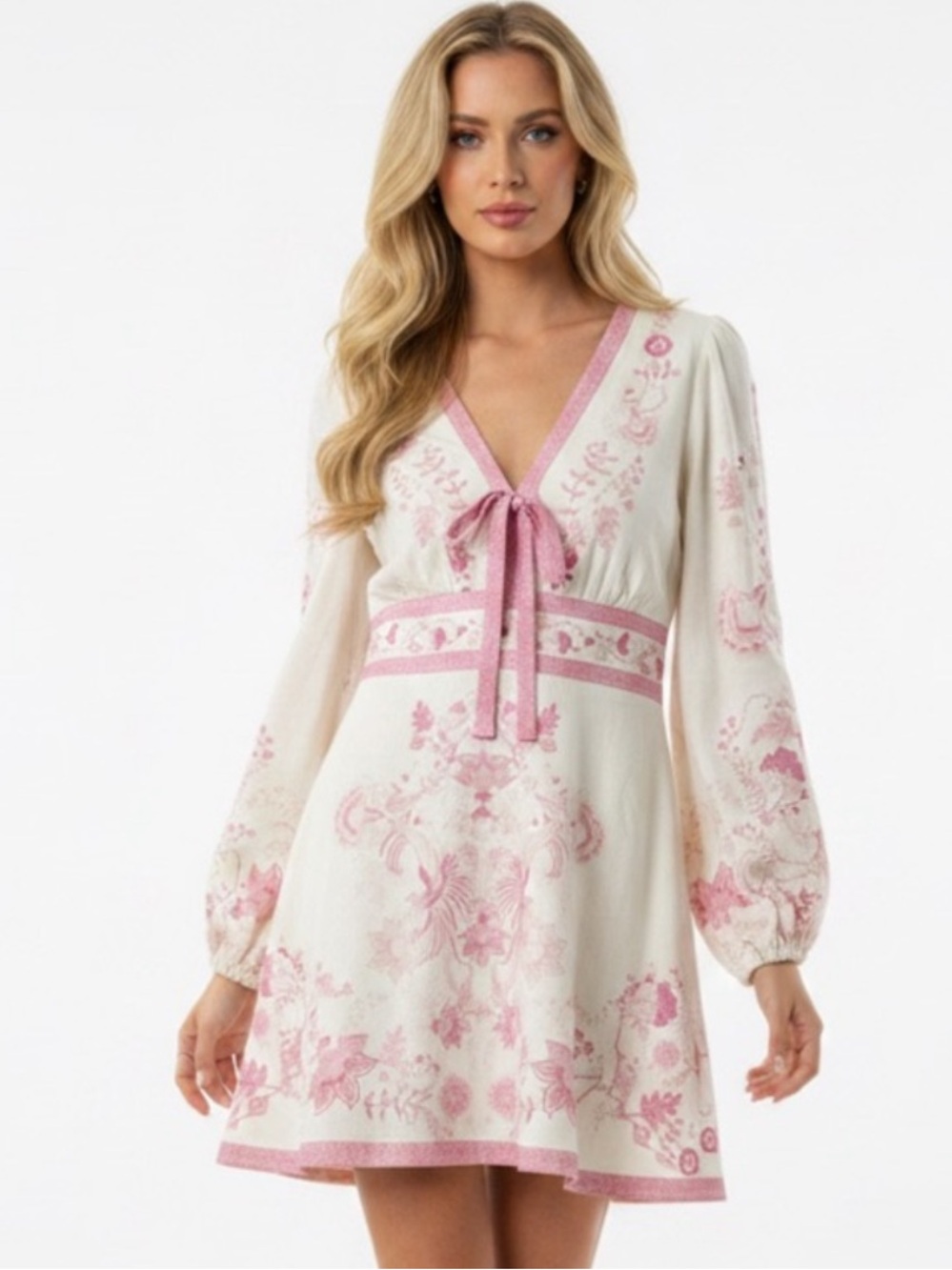 Caroline Constas V-neck linen mini dress with Long puff sleeves XS (Zimmermann)